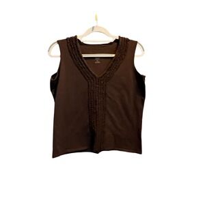 Talbots Woman Brown Cotton Sleeveless V-Neck Top Ruffle Trim Size X